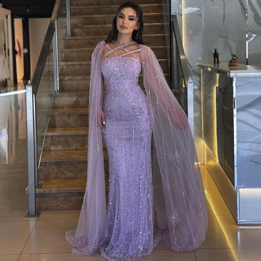 Karamell Elegante Cape-Ärmel Perlen Meerjungfrau Luxus Dubai Abendkleider Kleider Für Frauen Hochzeit Party 2025 LA71905B 