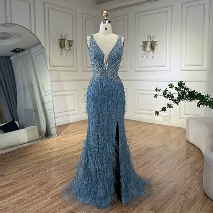 Vestido de noche dorado sexy de sirena con abertura alta, sin espalda, de lujo, con cuentas y plumas, 2025, para mujer, fiesta LA71583 