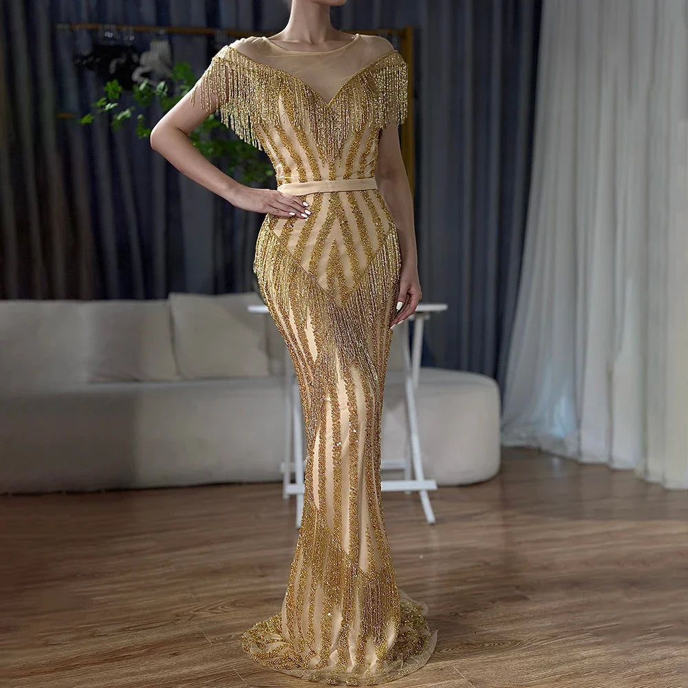 En oferta, sin devolución ni reembolso. Vestidos de noche elegantes de sirena sin mangas de lujo dorados con brillo LA6543.