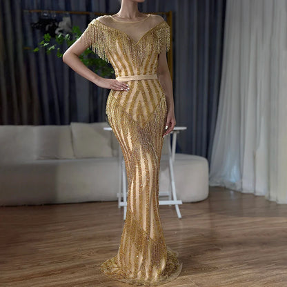 En oferta, sin devolución ni reembolso. Vestidos de noche elegantes de sirena sin mangas de lujo dorados con brillo LA6543.