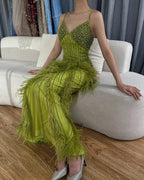 En oferta, sin devolución ni reembolso, vestido de noche de sirena con plumas de color verde amarillo, con cuentas y largo hasta el tobillo, vestidos de fiesta 2025 para mujer LA72055 