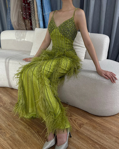 En oferta, sin devolución ni reembolso, vestido de noche de sirena con plumas de color verde amarillo, con cuentas y largo hasta el tobillo, vestidos de fiesta 2025 para mujer LA72055 