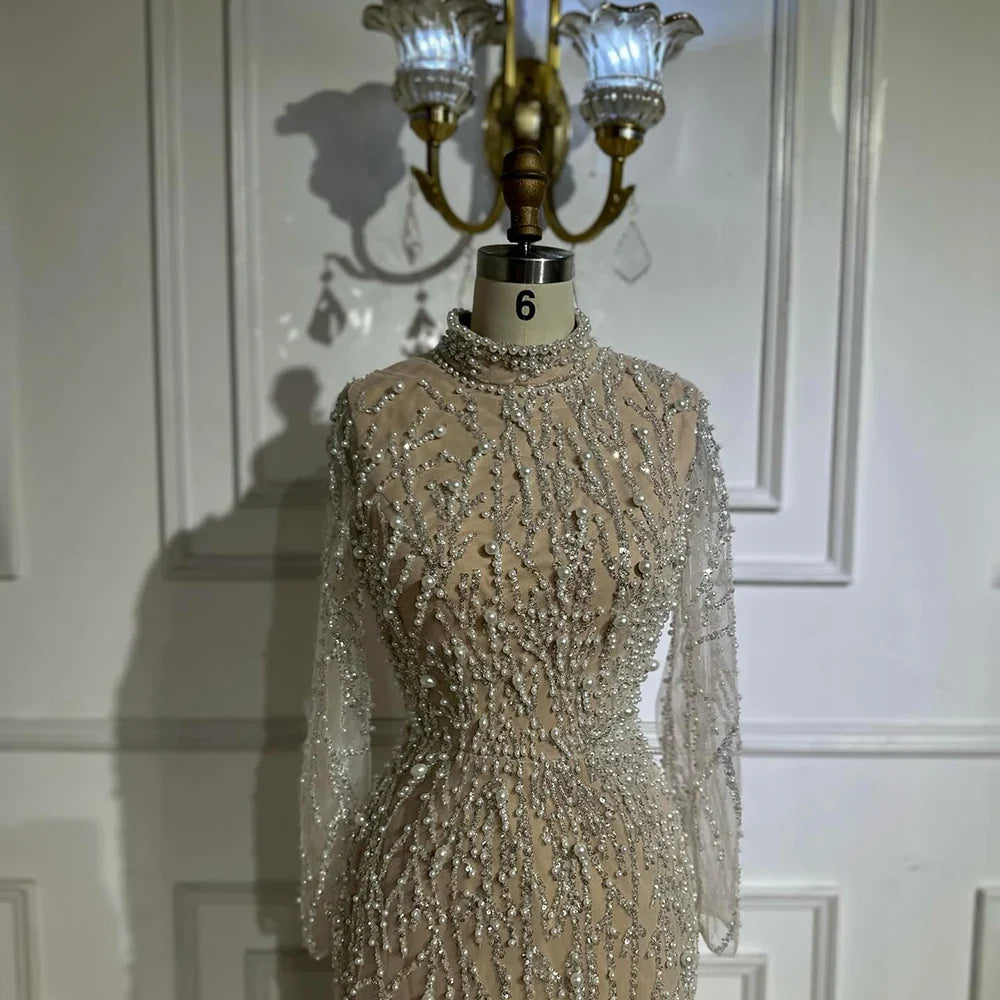 2025 Saudi Arabic Luxury Pearls Beaded Nude Mermaid Evening Gown for Formal Occasion LA72345A