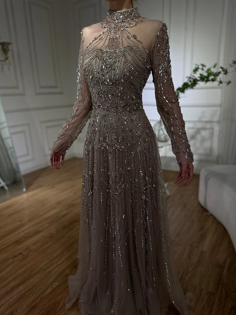 2025 Arabische A-Linie Blaue Spitze Perlen Luxus Abendkleider für Damen Party Dubai LA72704 