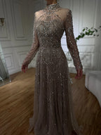 2025 Arabische A-Linie Blaue Spitze Perlen Luxus Abendkleider für Damen Party Dubai LA72704 