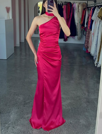 Elegantes One-Shoulder Hot Pink Satin Etuikleid Ballkleid Langes Abendkleid Y8419