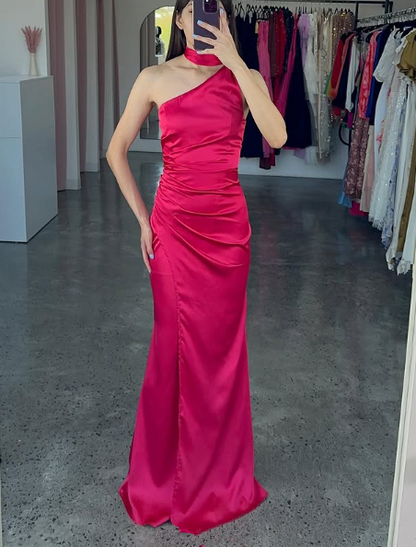 Elegantes One-Shoulder Hot Pink Satin Etuikleid Ballkleid Langes Abendkleid Y8419
