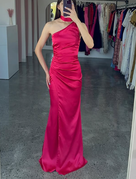 Elegante vestido de fiesta de satén rosa intenso con un solo hombro, vestido de noche largo Y8419