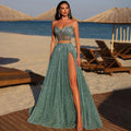 Vestido de noche turquesa saudí de dos piezas, sin tirantes y con abertura alta, para ocasiones formales (2025, LA72786) 