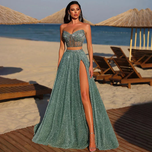 Vestido de noche turquesa saudí de dos piezas, sin tirantes y con abertura alta, para ocasiones formales (2025, LA72786) 