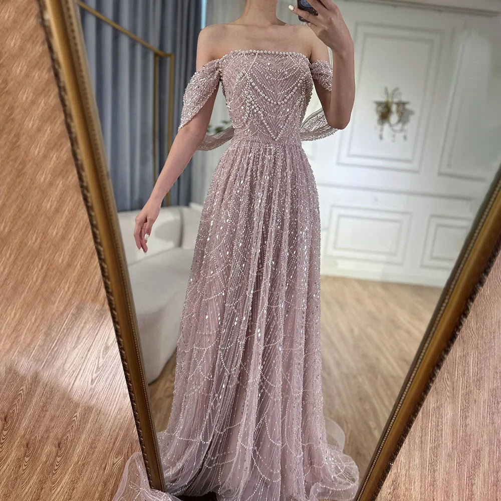 2025 Saudi Arabic Nude Pearls Beaded Design A-Line Evening Dresses Gowns for Formal Occasion LA72738