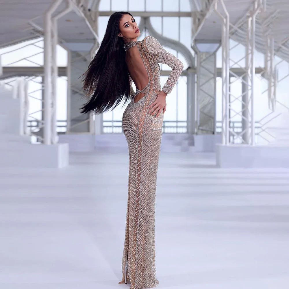 Vestidos de noche largos estilo sirena con encaje, ilusión, corte en beige y cuentas, para fiesta de bodas en Dubái, LA72343 