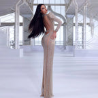 Vestidos de noche largos estilo sirena con encaje, ilusión, corte en beige y cuentas, para fiesta de bodas en Dubái, LA72343 