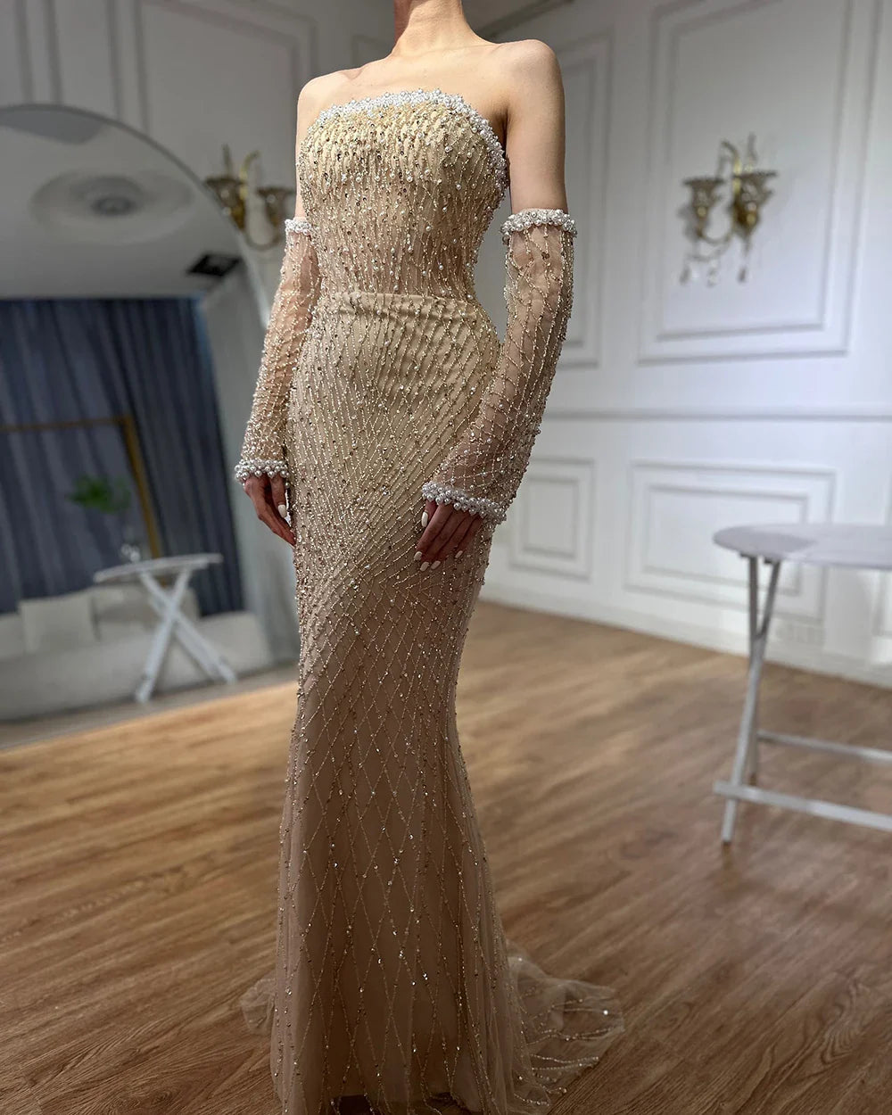 2025 Elegant White Nude Arabic Strapless Evening Gown Beaded Dress with Gloves for Formal Occasion LA72649