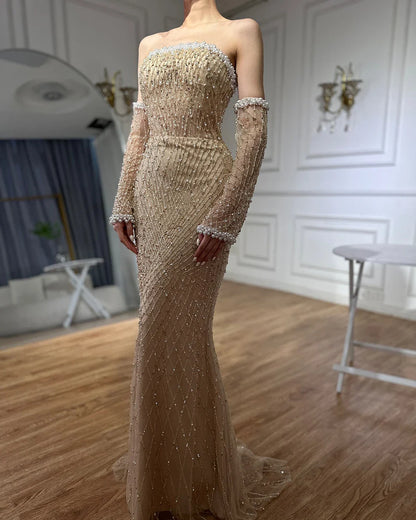 2025 Elegant White Nude Arabic Strapless Evening Gown Beaded Dress with Gloves for Formal Occasion LA72649