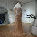 2025 Blue Feather Beaded Luxury Mermaid Evening Dresses Gowns for Women Formal Occasion LA72836