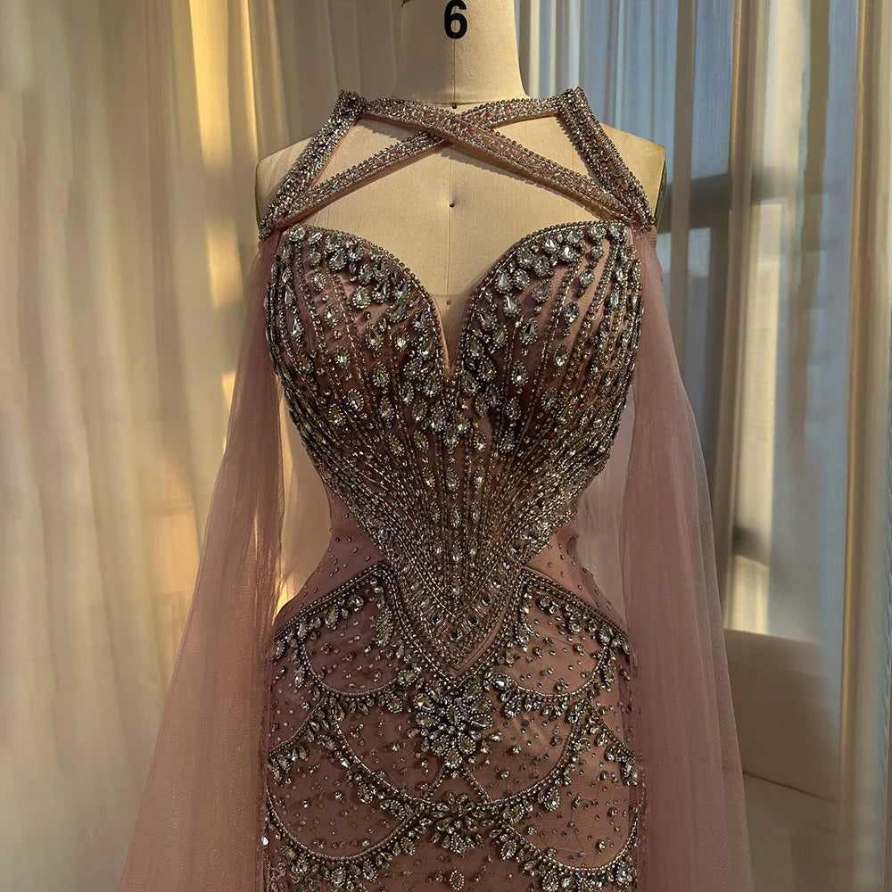 2025 Nude Cape Sleeves Beaded Crystal Arabic Evening Dresses Gowns For Women Wedding Party LA72806