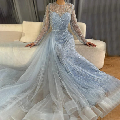 2025 Elegant Blue Saudi Arabic Evening Gown with Beaded Side Overskirt Dress for Formal Occasion LA72734