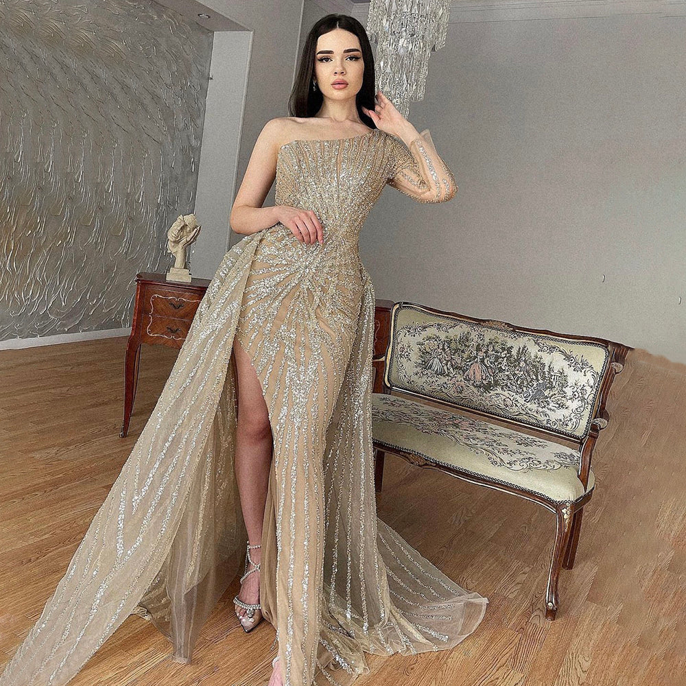 Vestido de noche de sirena color caramelo, con un solo hombro, mangas largas y falda desmontable, elegante, con cuentas, de lujo, LA71677