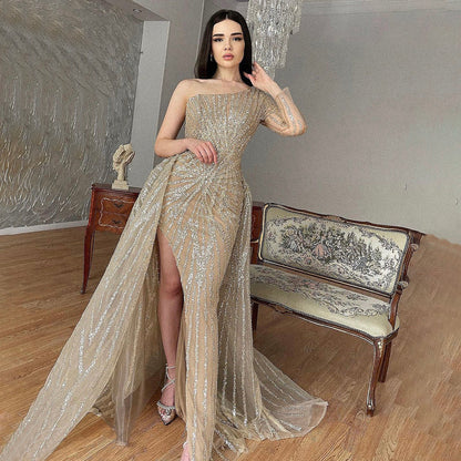 Vestido de noche de sirena color caramelo, con un solo hombro, mangas largas y falda desmontable, elegante, con cuentas, de lujo, LA71677