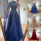 Karamellfarbenes Luxus-Abendkleid mit Cape-Ärmeln, A-Linie, Perlenbesetztes Spitzenkleid für die Hochzeitsfeier der Frauen 2025 LA72386 