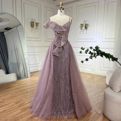 Vestido de noche sirena dorado con falda - Vestido de fiesta de lujo para mujer con tirantes finos y cuentas grises 2025 LA72341 