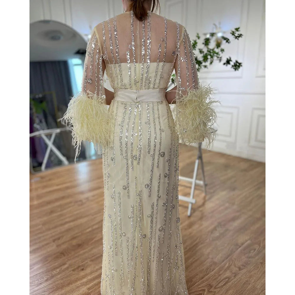Perlenfedern A-Linie Creme Kaftan Marocain Femme Abendkleider Arabisch Mit Jacke Kleid Für Party LA71759 