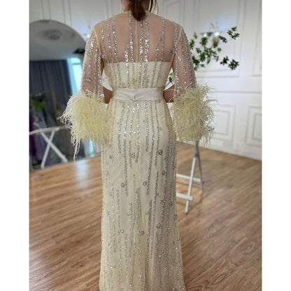Vestido de noche marroquí con plumas y cuentas, corte A, color crema, con chaqueta, para fiesta, LA71759 