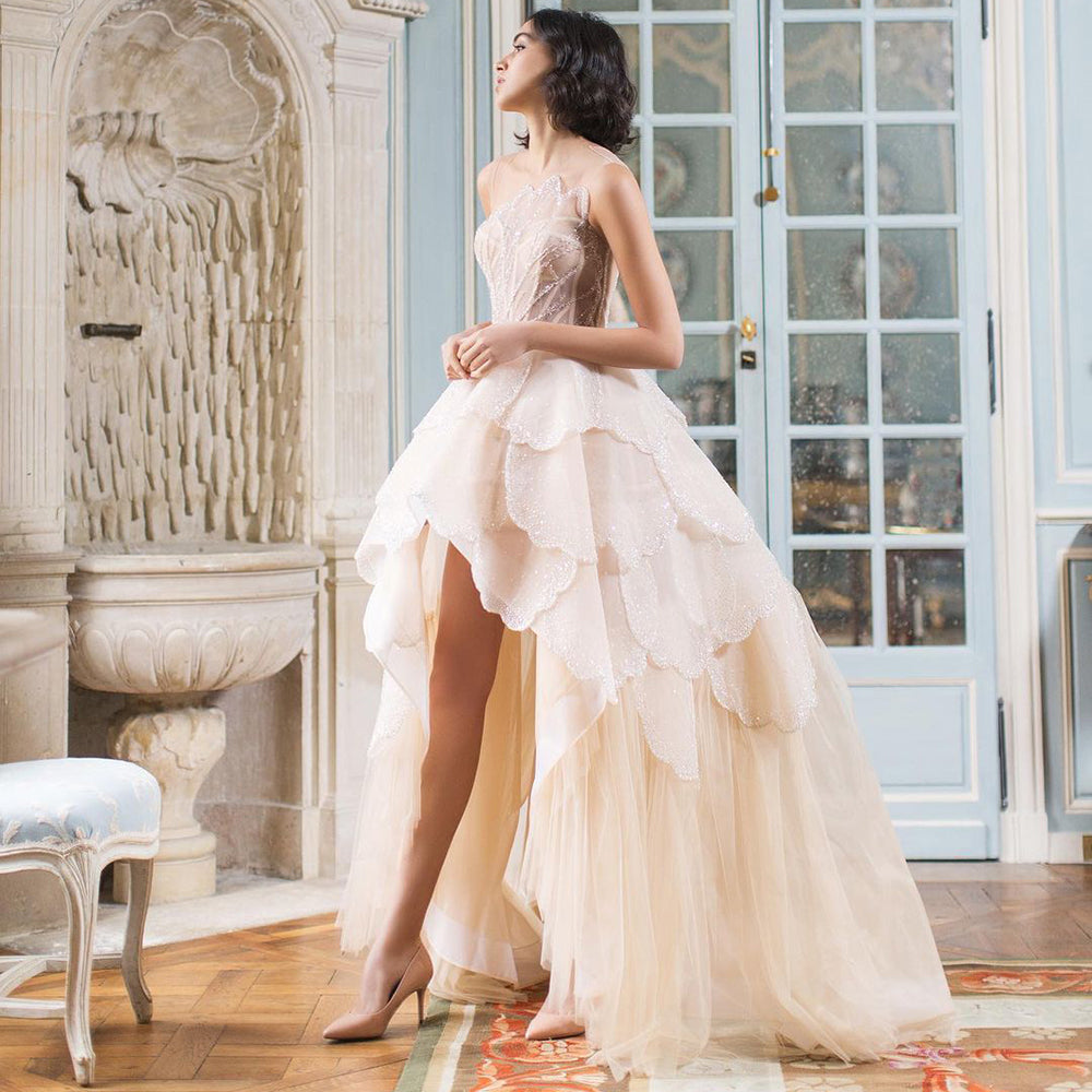 Champagner Elegante Tiered Rüschen A-linie Abendkleider Kleider 2025 Luxus Perlen Für Frauen Hochzeit Party LA71645 