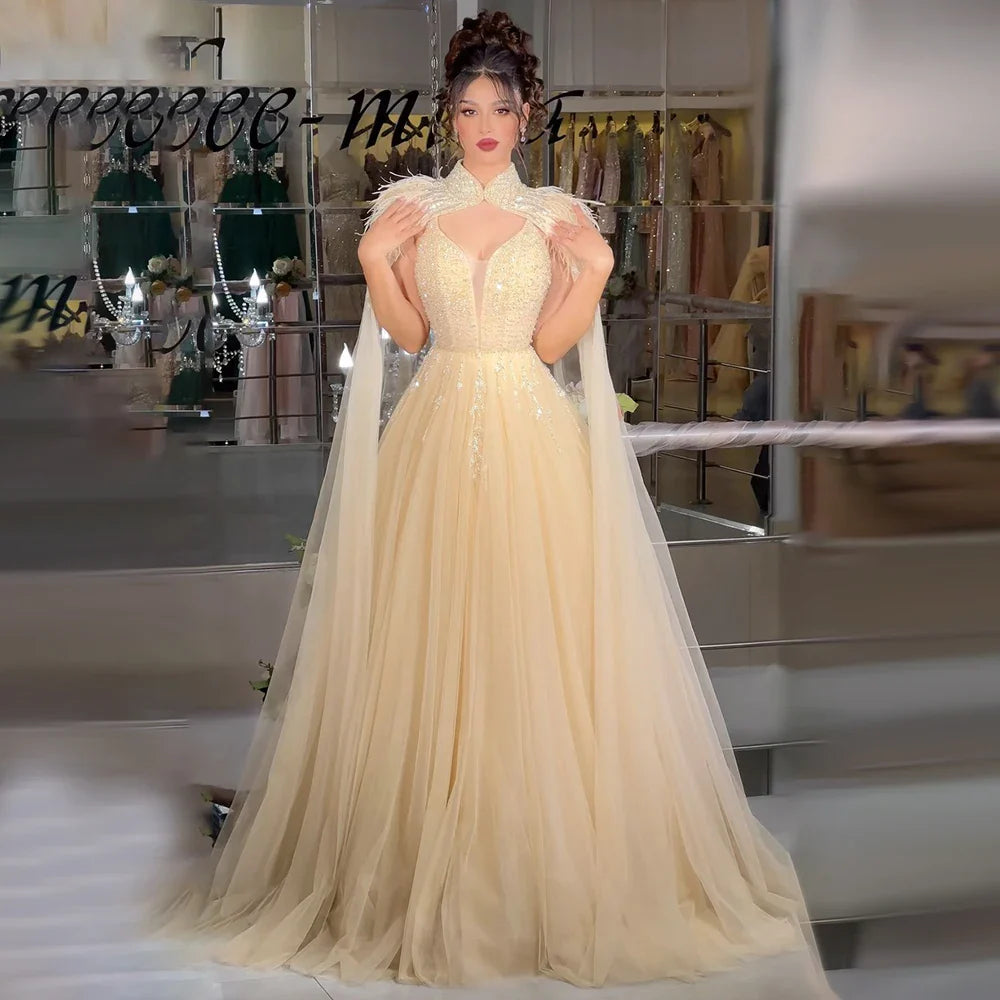 Arabisches Beige A-Linie Federn Langer Umhang Luxus Perlenbesetztes Saudi Abendkleid Kleider für formelle Anlässe 2025 LA72722 