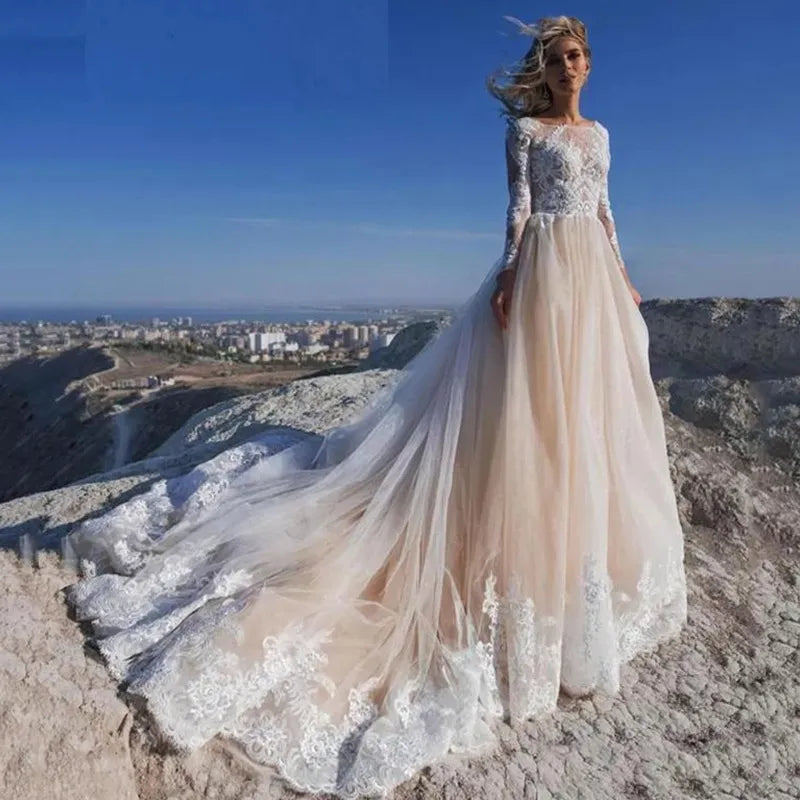 Elegent Travel Vestidos De Novia Appliques Vestido De Noiva Long Sleeves Wedding Dresses Lace Robe De Mariée-payinti