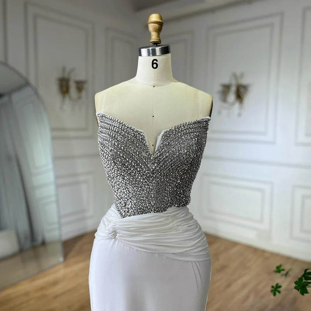 2025 Elegant White Arabic Strapless Evening Gown with Crystal Beaded Dress and Gloves for Formal Occasion LA72758