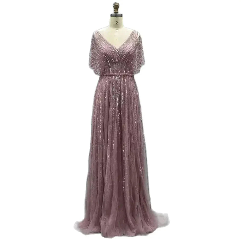 Vestido de noche sexy de lujo rojo de Dubái, corte A, 2025, mangas cortas, con cuentas y cristales, diseño formal, foto real LA70458 
