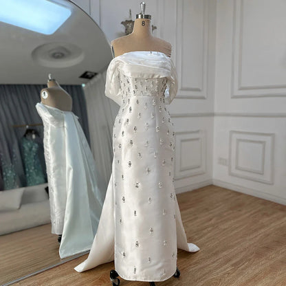 2025 Arabic Blue Beaded Crystal Ankle-Length Mermaid Satin Evening Dresses Gowns for Women Wedding Party LA72414A