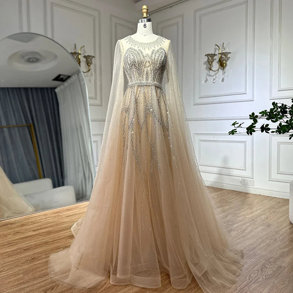 2025 Nude Blue Elegant A-Line Beaded Long Arabic Evening Dresses Gowns with Cape Sleeves for Formal Occasion LA72785