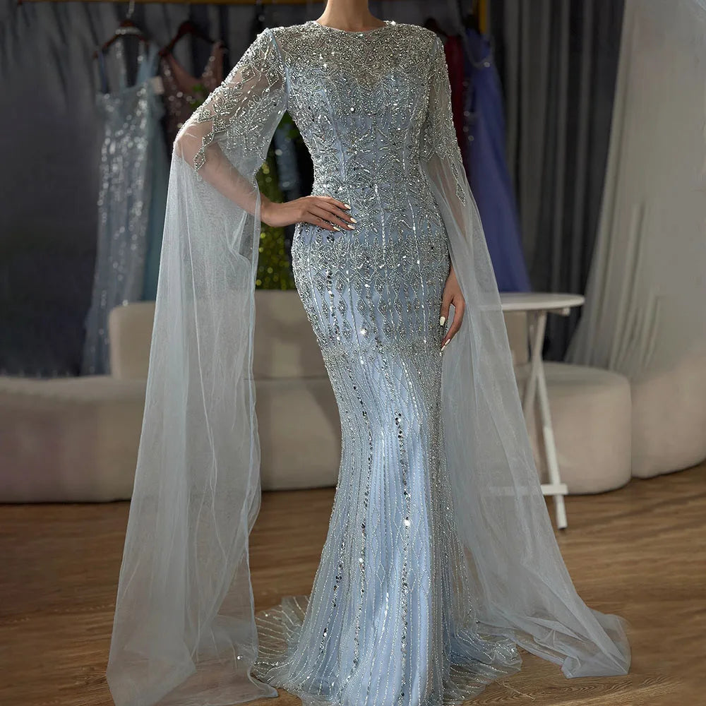 Vestido de noche elegante de sirena color caramelo de Arabia Saudita, con mangas estilo capa y cuentas de lujo para ocasiones formales, LA72775 