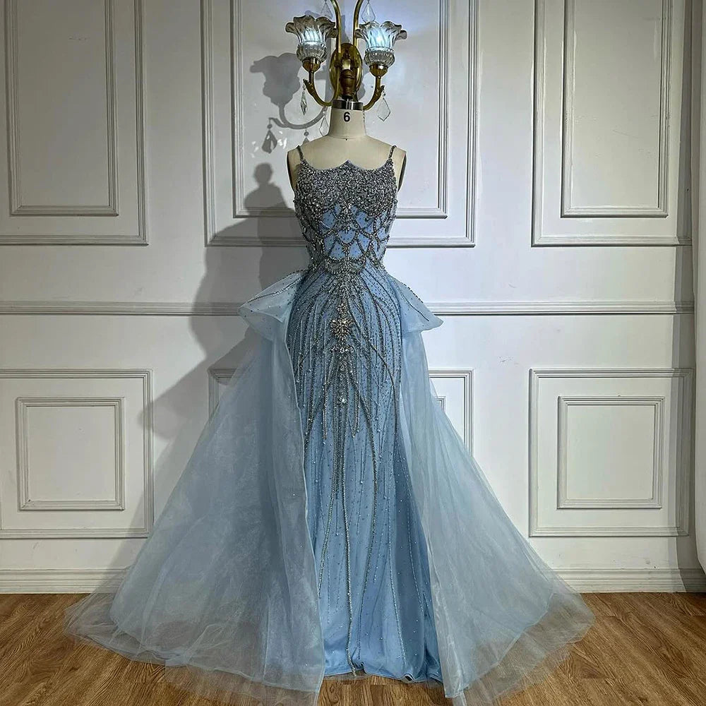2025 Nude Saudi Beaded Spaghetti Strap Evening Dresses Gowns with Overskirt for Formal Occasion LA72810