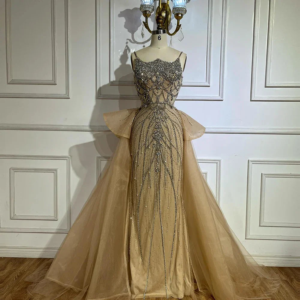 2025 Nude Saudi Beaded Spaghetti Strap Evening Dresses Gowns with Overskirt for Formal Occasion LA72810