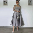 Arabisch A-Linie Luxus Satin Spitze Perlen Grau Midi Tee Länge Abendkleider Kleider Formale Frau Hochzeit Party LA72240 