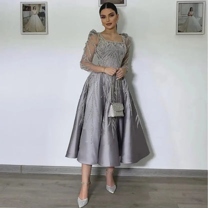Arabisch A-Linie Luxus Satin Spitze Perlen Grau Midi Tee Länge Abendkleider Kleider Formale Frau Hochzeit Party LA72240 