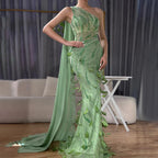 2025 Arabic Green One Shoulder Beaded Feathers Luxury Evening Gowns with Side Cape Shawl for Women's Party LA72698