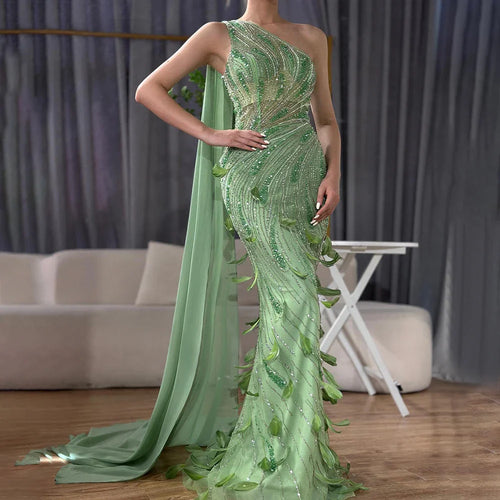 2025 Arabic Green One Shoulder Beaded Feathers Luxury Evening Gowns with Side Cape Shawl for Women's Party LA72698