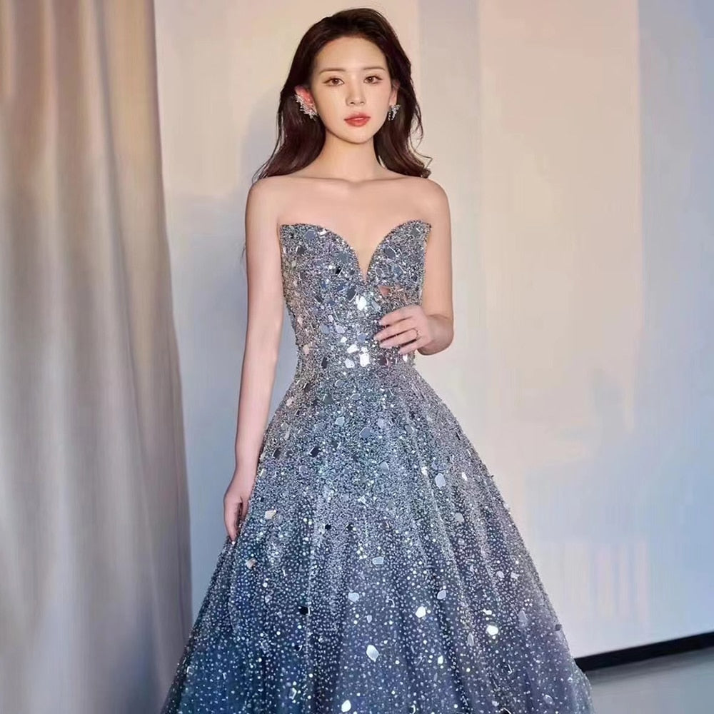 Vestido de noche elegante gris de corte A, hombros descubiertos, con cuentas de lujo y lentejuelas de cristal, para mujer, fiesta, LA71644 