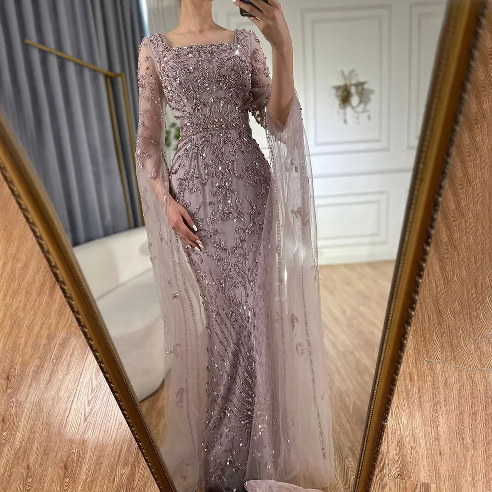 Vestido de noche árabe turquesa de lujo con mangas estilo capa LA72400