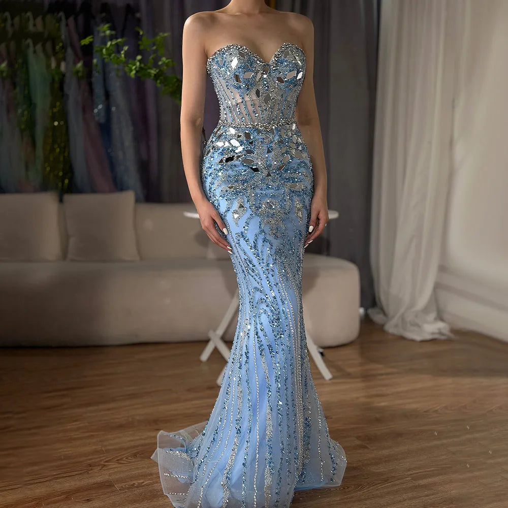 Arabisch Blau Elegante Trägerlose Meerjungfrau Perlen Luxus Dubai Abendkleider Kleider 2025 für frauen Party LA72328 
