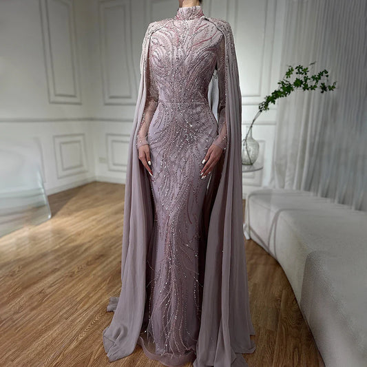 Muslim Sage Green Mermaid Cape Sleeves Beaded Satin Luxury Evening Dresses Gowns for Women Party 2025 LA72413A