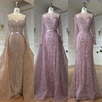 2025 Pink Beaded Saudi Arabic Mermaid Evening Gown with Sheer Long Sleeves for Formal Occasion LA72875