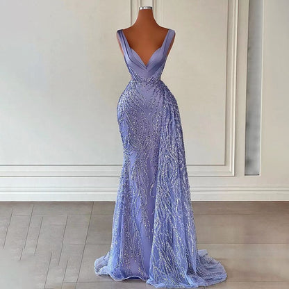 Arabisch Blau Meerjungfrau Elegant Mit Rock Sexy Tiefem V-ausschnitt Abendkleider Kleider Perlen 2025 Für Frauen Party LA71751