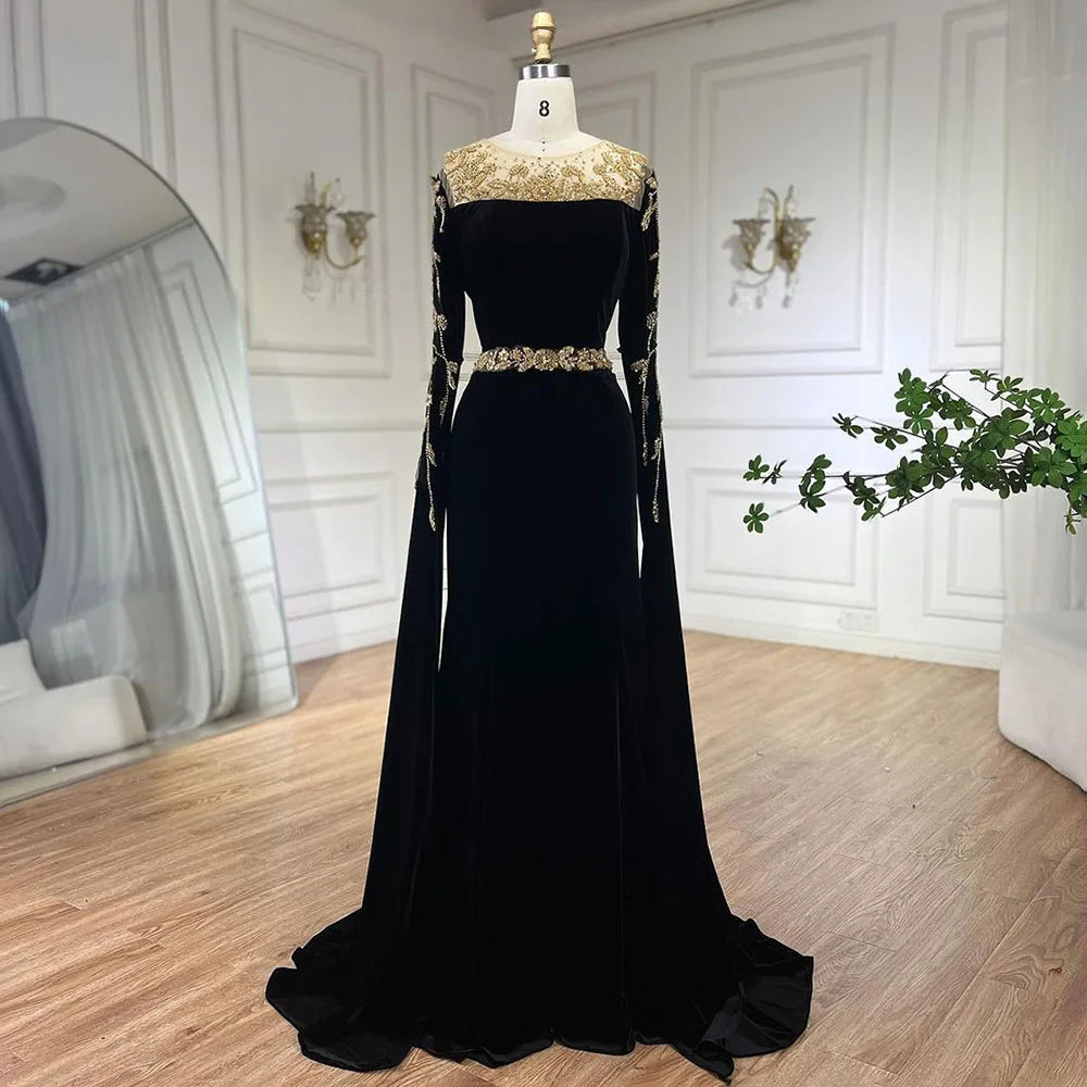 Muslimischen Grün Cape Ärmeln Abendkleider Kleider 2025 Perlen Elegante Meerjungfrau Velours für Frauen Party LA71452 