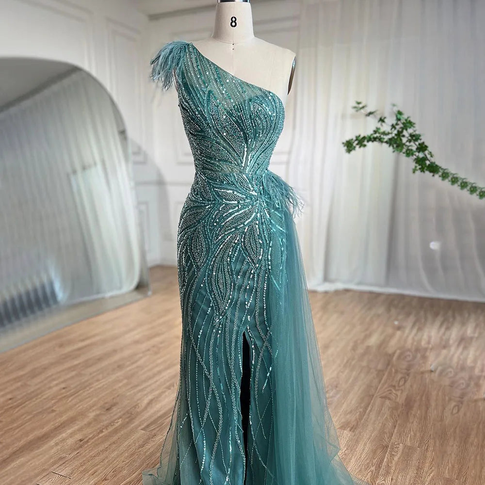 Türkis Meerjungfrau Sexy High Split Mit Rock Perlen Federn Abendkleider Kleider 2025 Für Frauen Party LA71955 